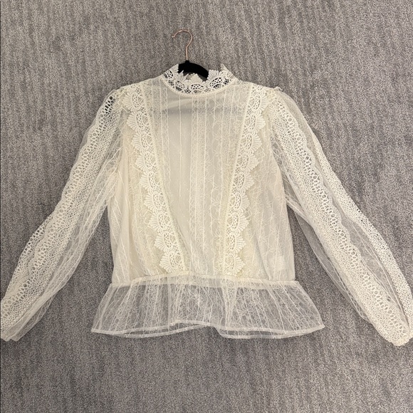 Express Scalloped Lace Mock Neck Peplum Top - Picture 3 of 6